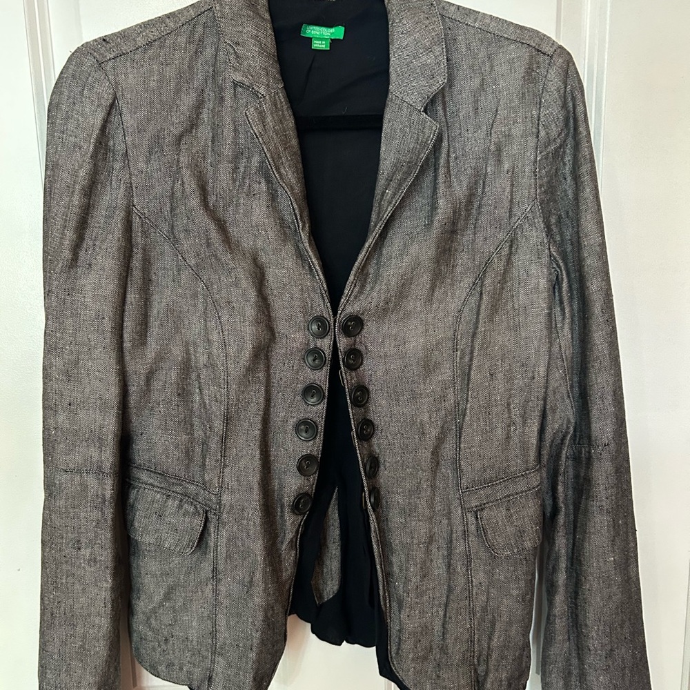 Vintage United Colors of Benetton Micro Herringbone Linen Blend Blazer Size XL
